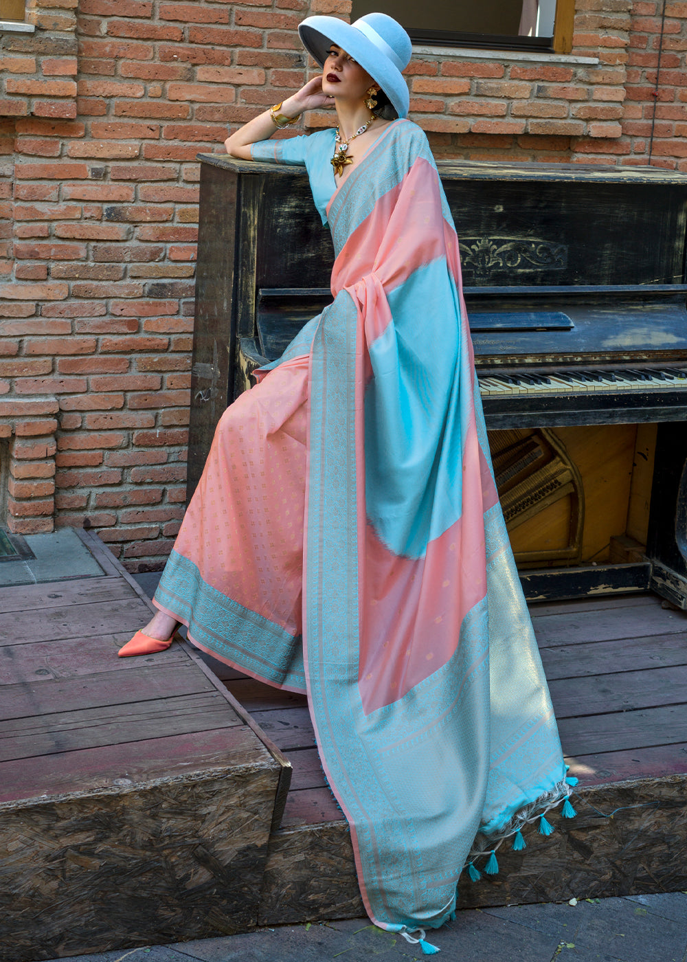 Peach Regal Banarasi Soft Silk Saree with Intricate Timeless Design & Blouse Piece ClothsVilla Main image