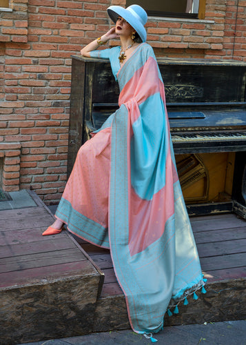 Peach Regal Banarasi Soft Silk Saree with Intricate Timeless Design & Blouse Piece ClothsVilla