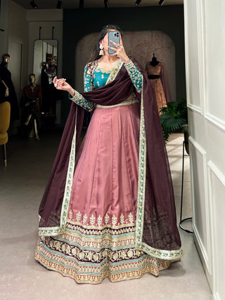 Peach Regal Charm in Every Thread – Moonga Silk Lehenga Set ClothsVilla