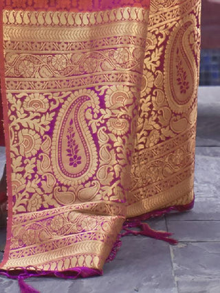 Peach Regal Woven Pure Silk Banarasi Saree ClothsVilla