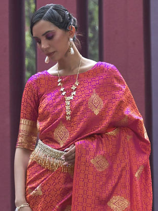 Peach Regal Woven Pure Silk Banarasi Saree ClothsVilla