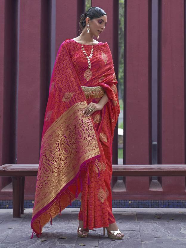 Peach Regal Woven Pure Silk Banarasi Saree Secondary image