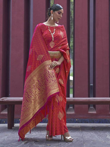 Peach Regal Woven Pure Silk Banarasi Saree ClothsVilla