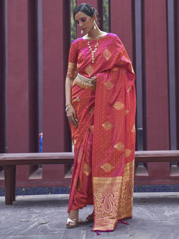 Peach Regal Woven Pure Silk Banarasi Saree ClothsVilla Main image