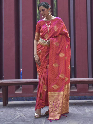Peach Regal Woven Pure Silk Banarasi Saree ClothsVilla