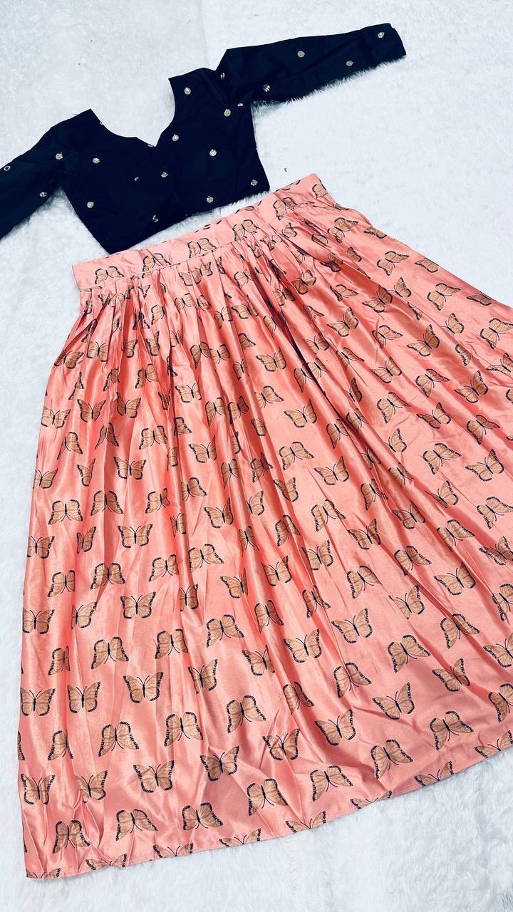 Peach Royal Digital Print Banarasi Zari Gota Silk Lehenga Set with Sequins Blouse Secondary image