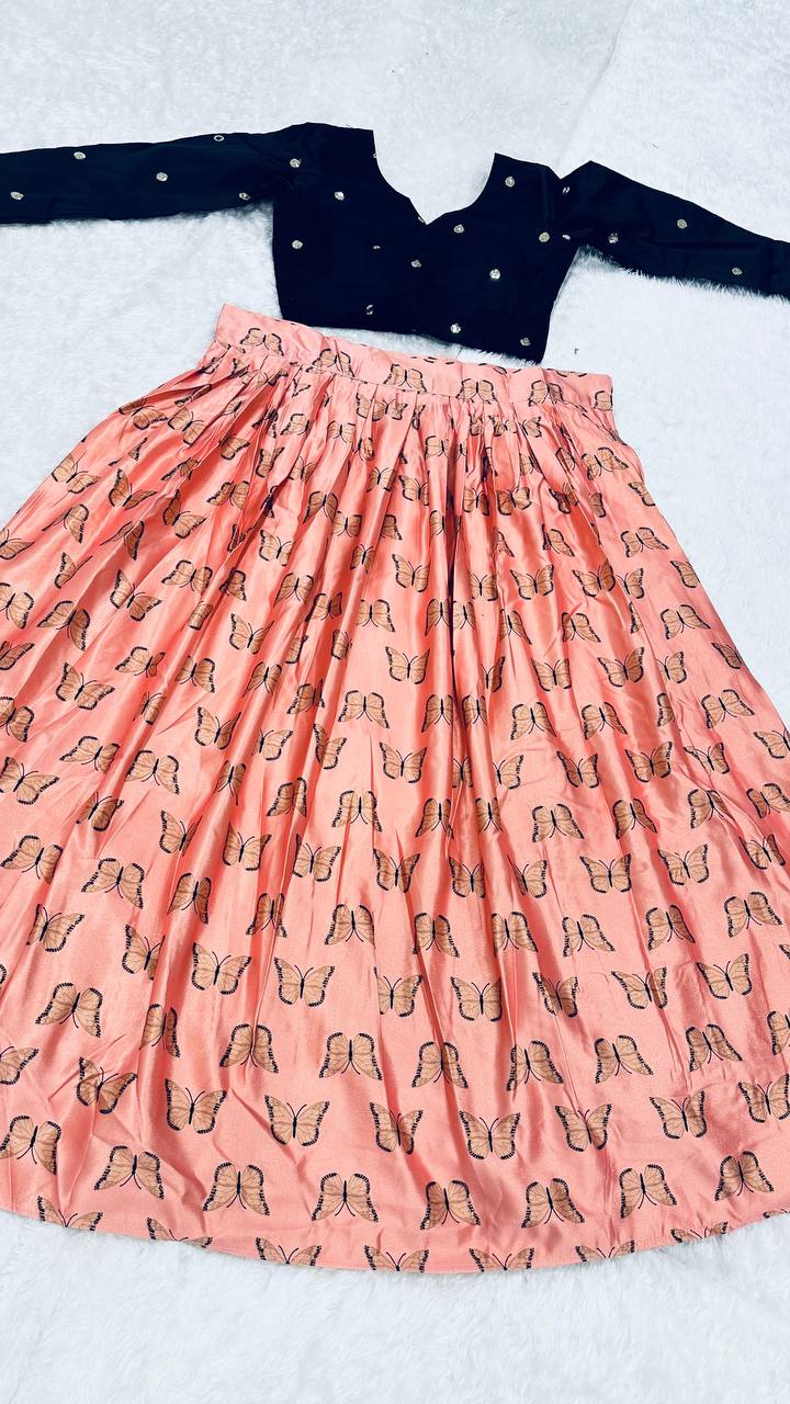 Peach Royal Digital Print Banarasi Zari Gota Silk Lehenga Set with Sequins Blouse ClothsVilla