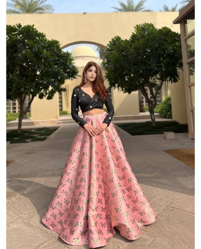 Peach Royal Digital Print Banarasi Zari Gota Silk Lehenga Set with Sequins Blouse ClothsVilla