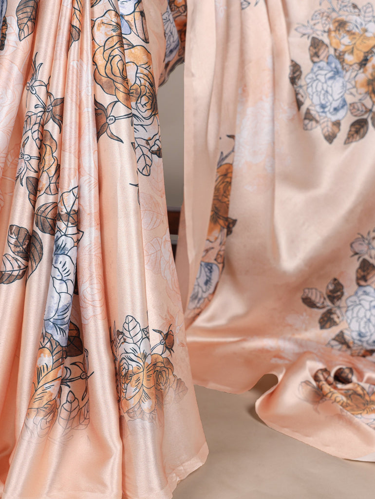 Peach Satin Silk Floral Printed Saree with Natural Silk Blouse Piece ClothsVilla