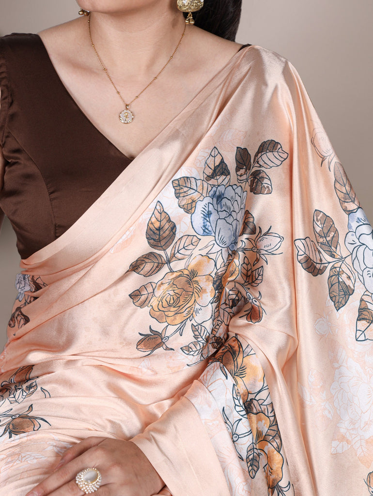 Peach Satin Silk Floral Printed Saree with Natural Silk Blouse Piece ClothsVilla