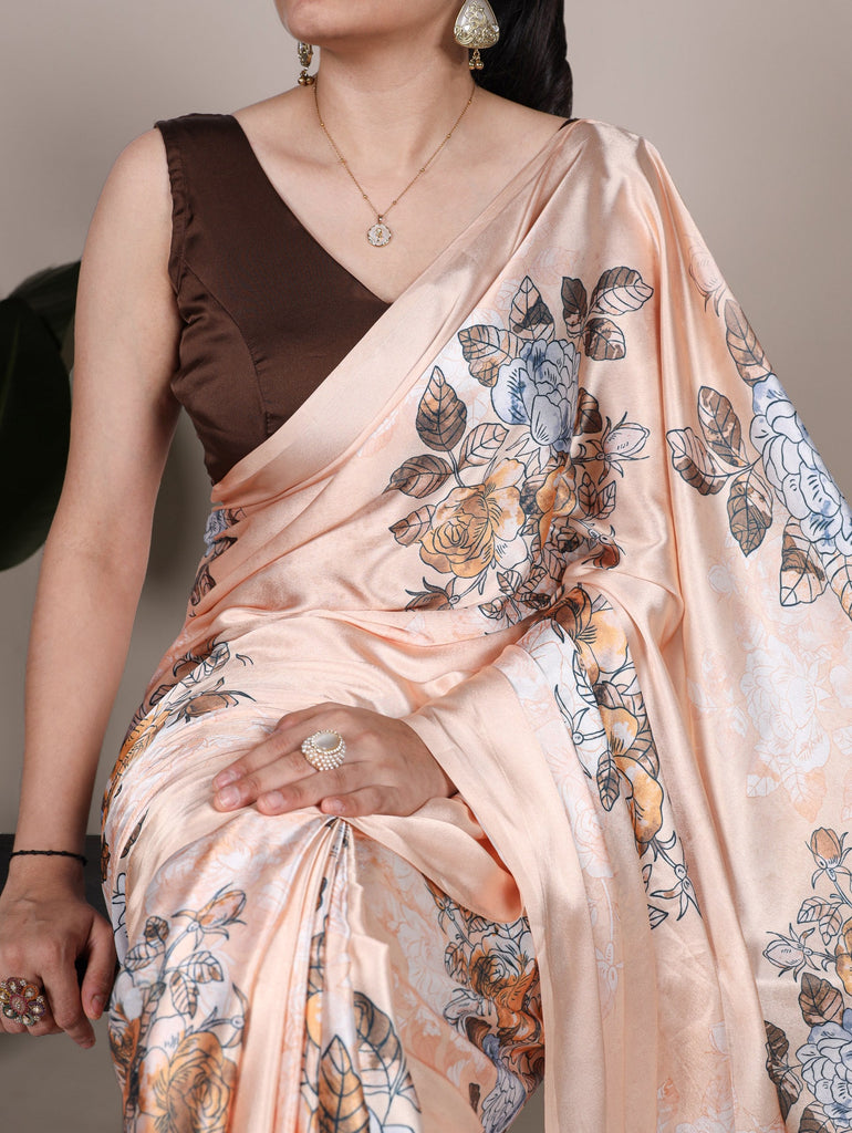 Peach Satin Silk Floral Printed Saree with Natural Silk Blouse Piece ClothsVilla
