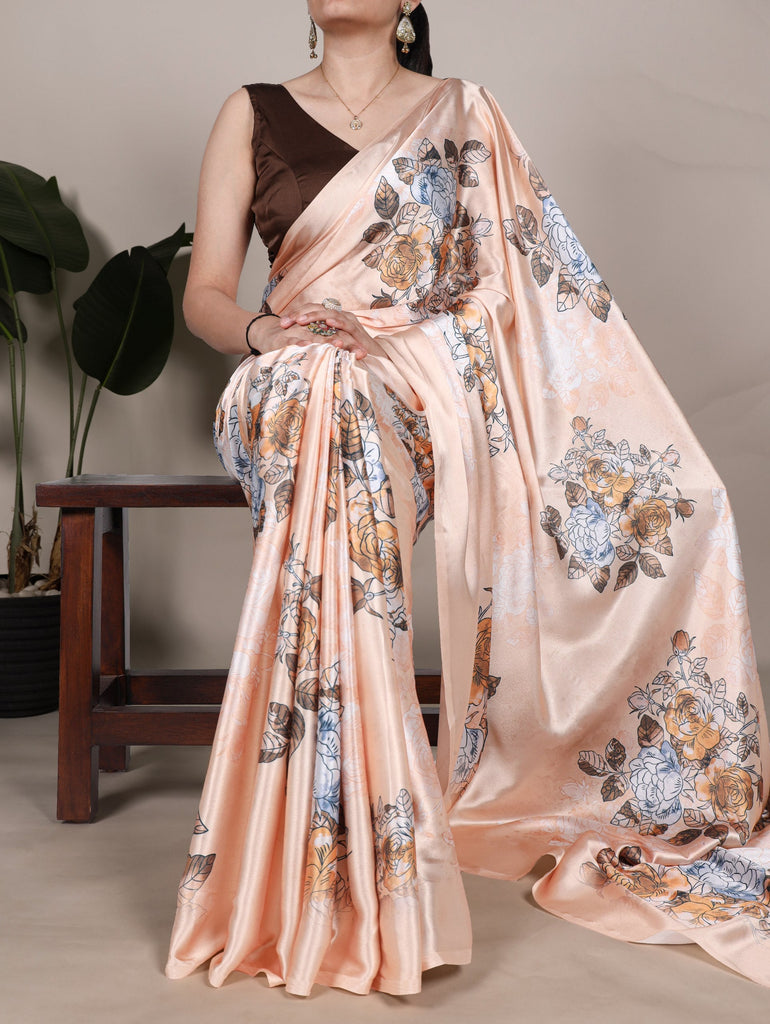Peach Satin Silk Floral Printed Saree with Natural Silk Blouse Piece ClothsVilla