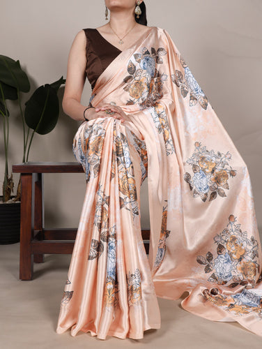 Peach Satin Silk Floral Printed Saree with Natural Silk Blouse Piece ClothsVilla