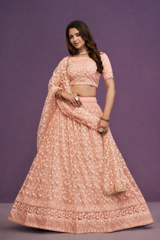 Peach Sequence Embroidered Net Lehenga Clothsvilla