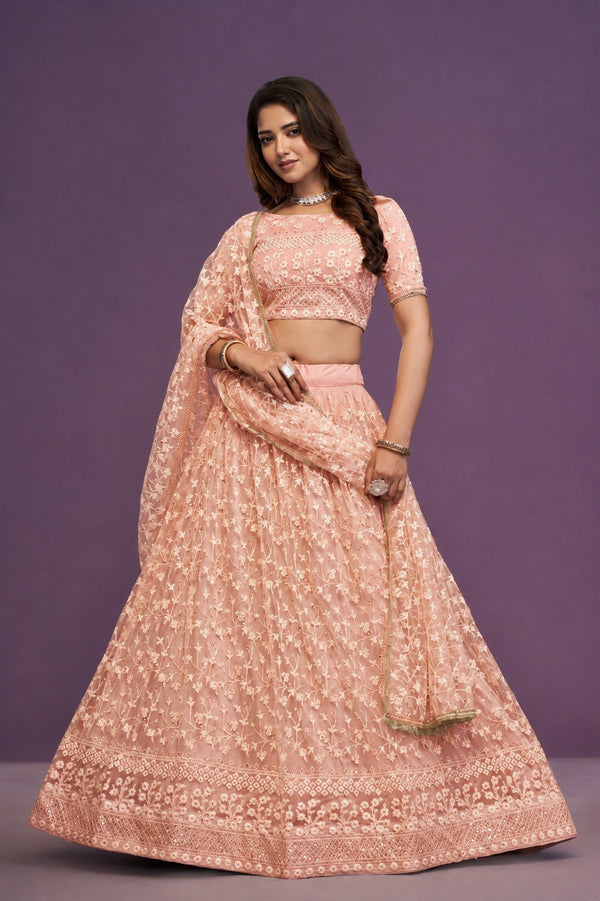Peach Sequence Embroidered Net Lehenga Clothsvilla
