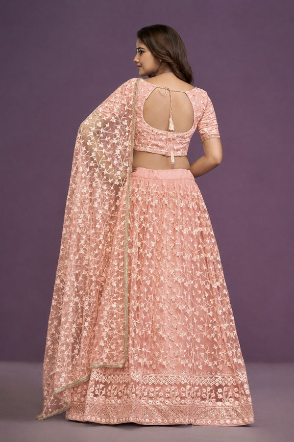 Peach Sequence Embroidered Net Lehenga Clothsvilla