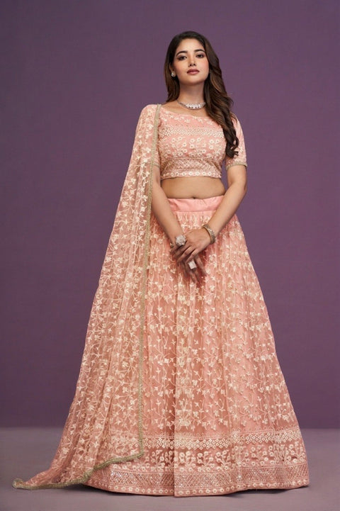 Peach Sequence Embroidered Net Lehenga Clothsvilla Main image