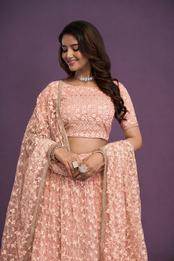 Peach Sequence Embroidered Net Lehenga Clothsvilla