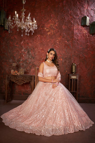 Peach Sequin Embroidered Lehenga Choli Set - Regal Elegance - Designer Wear ClothsVilla