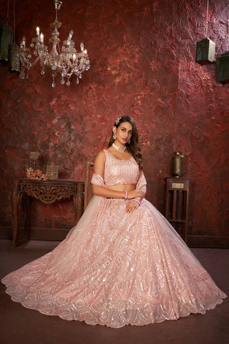 Peach Sequin Embroidered Lehenga Choli Set - Regal Elegance - Designer Wear ClothsVilla