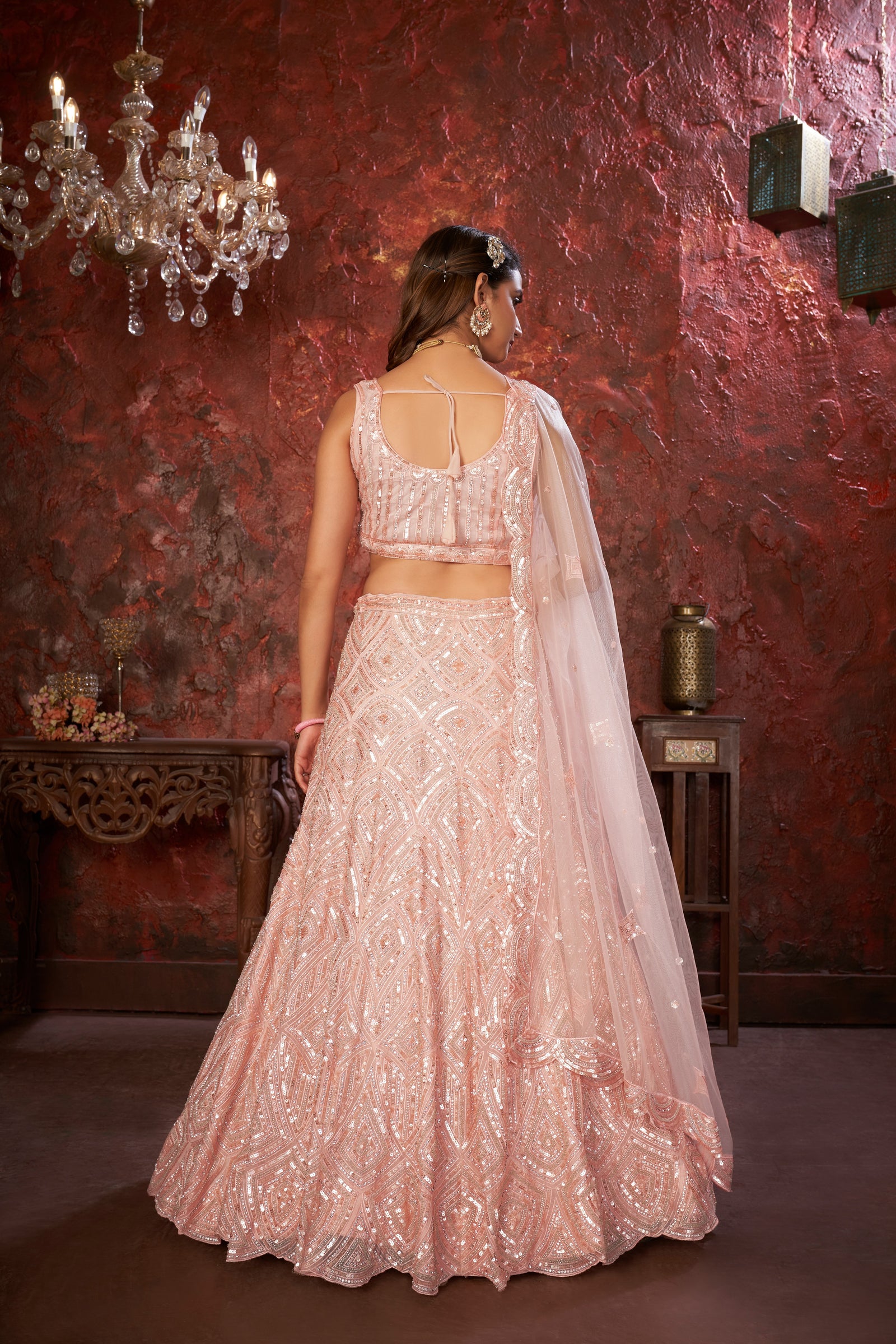 Peach Sequin Embroidered Lehenga Choli Set - Regal Elegance - Designer Wear ClothsVilla