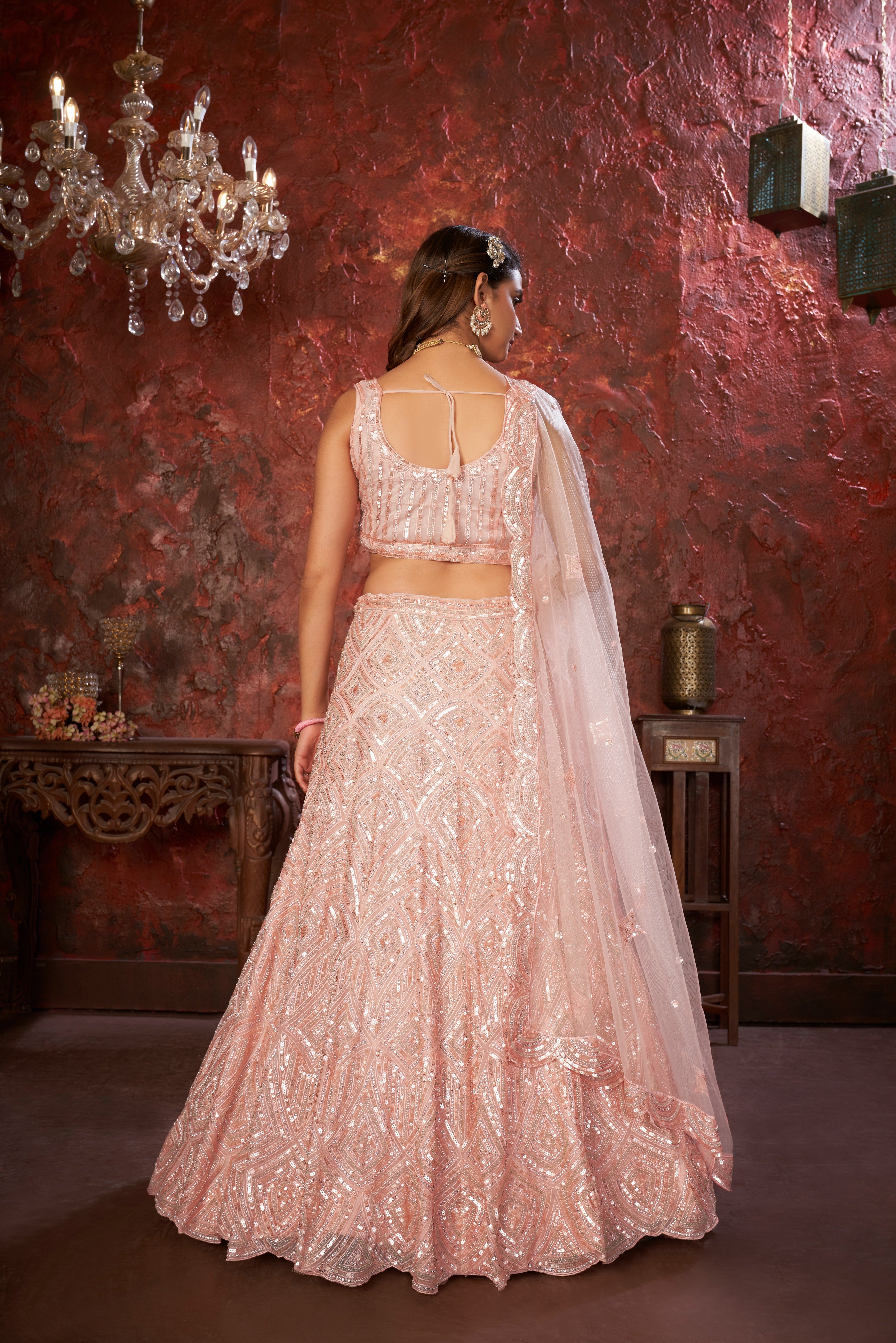 Peach Sequin Embroidered Lehenga Choli Set - Regal Elegance - Designer Wear ClothsVilla