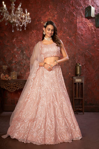 Peach Sequin Embroidered Lehenga Choli Set - Regal Elegance - Designer Wear ClothsVilla
