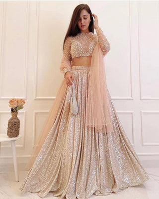 Peach Shine Bright in Elegance – Stunning Satin Silk Lehenga Set ClothsVilla