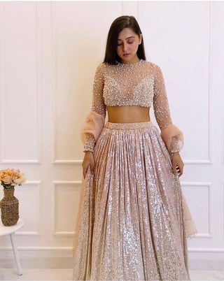 Peach Shine Bright in Elegance – Stunning Satin Silk Lehenga Set ClothsVilla