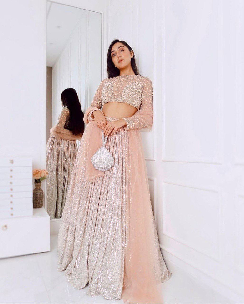 Peach Shine Bright in Elegance – Stunning Satin Silk Lehenga Set ClothsVilla