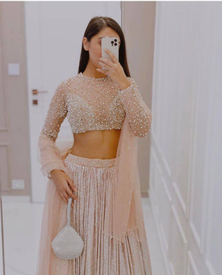 Peach Shine Bright in Elegance – Stunning Satin Silk Lehenga Set ClothsVilla
