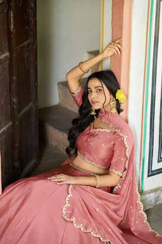 Peach Silk Embroidered Lehenga ClothsVilla