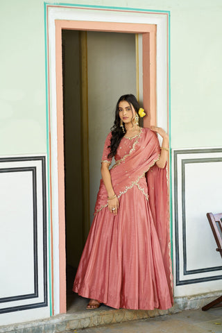Peach Silk Embroidered Lehenga ClothsVilla