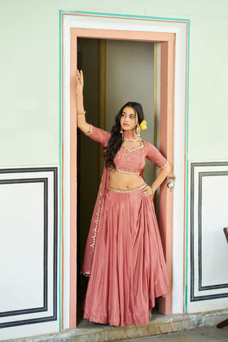 Peach Silk Embroidered Lehenga ClothsVilla