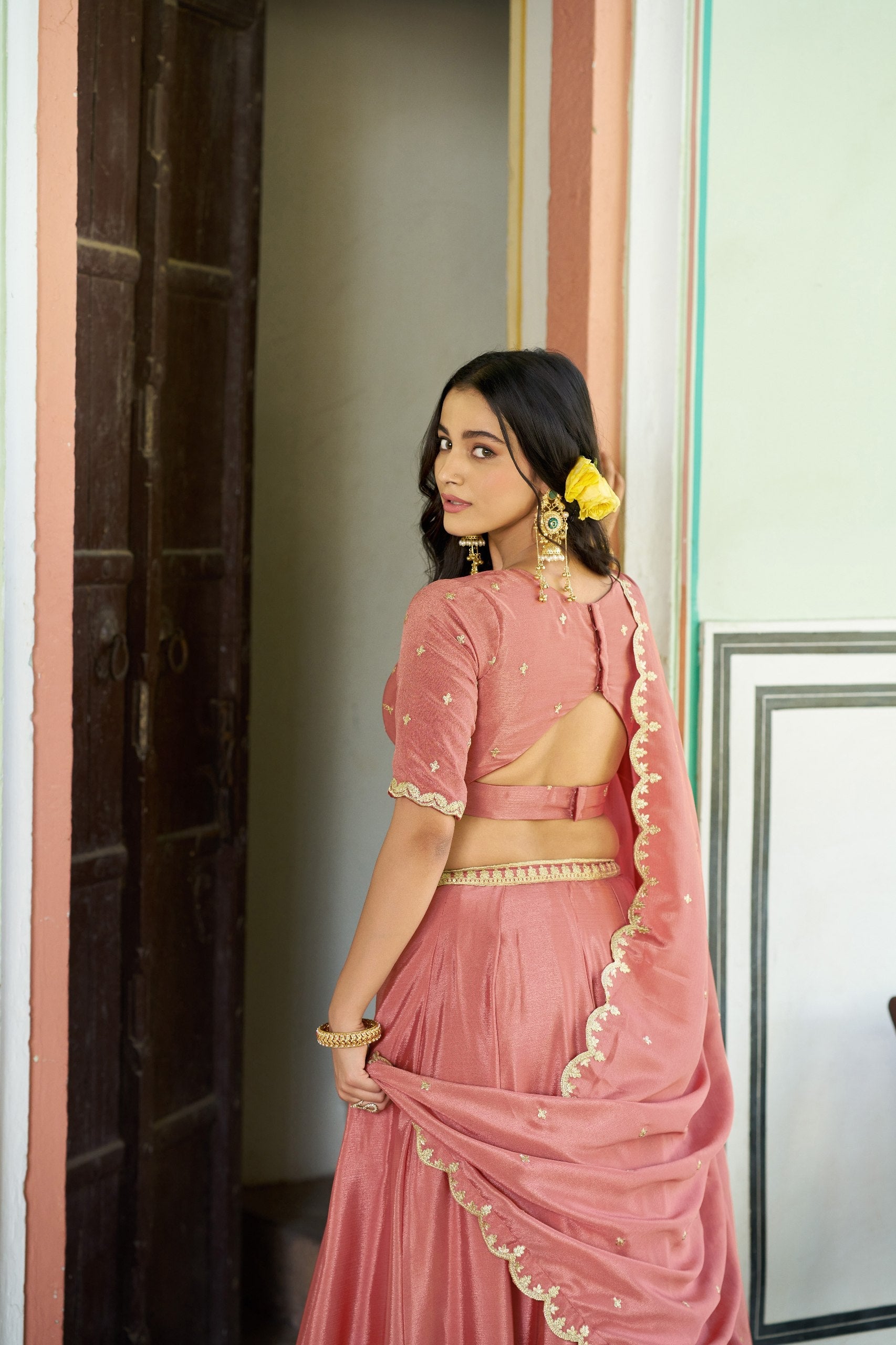 Peach Silk Embroidered Lehenga ClothsVilla