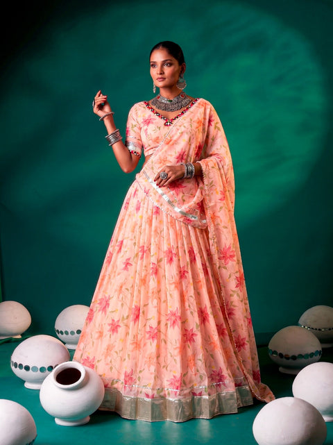 Peach Silk Floral Printed Lehenga ClothsVilla Main image