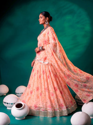 Peach Silk Floral Printed Lehenga ClothsVilla