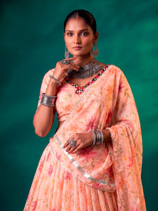 Peach Silk Floral Printed Lehenga ClothsVilla