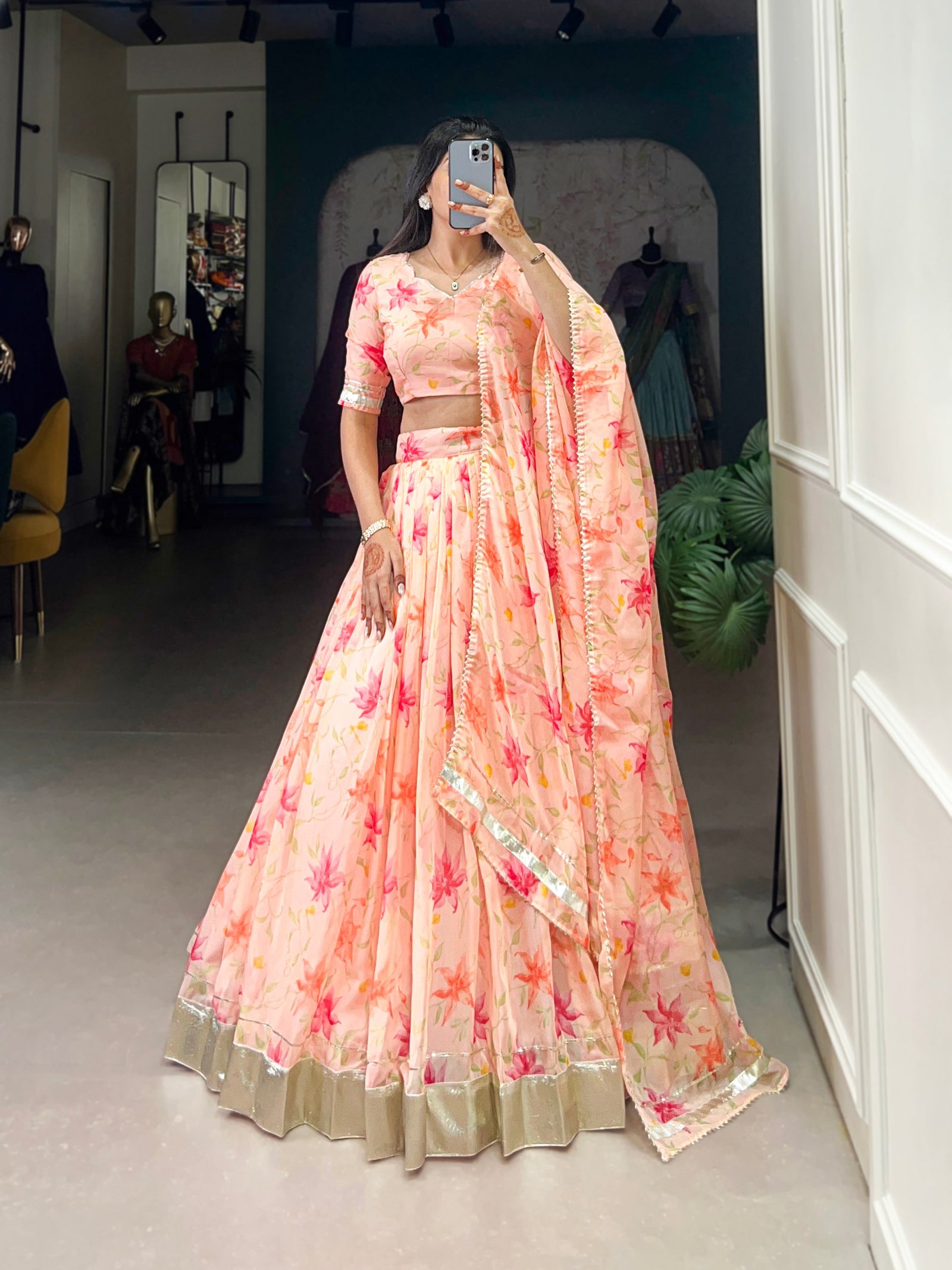 Peach Silken Blooms Tabby Silk Floral Print Lehenga with Lace Accents & Matching Dupatta
