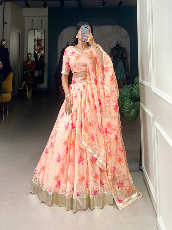 Peach Silken Blooms Tabby Silk Floral Print Lehenga with Lace Accents & Matching Dupatta