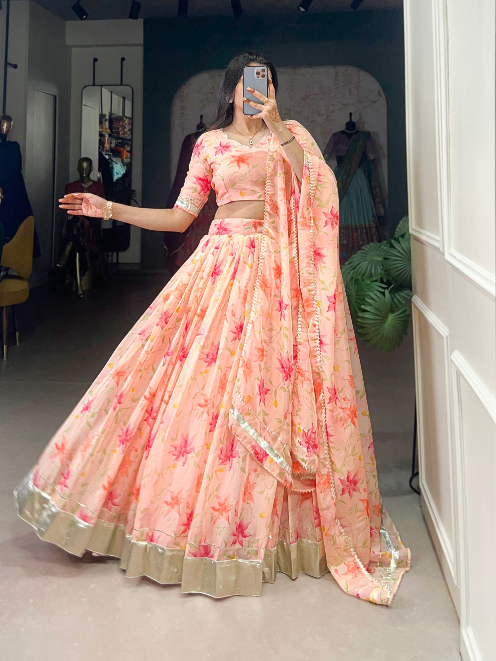 Peach Silken Blooms Tabby Silk Floral Print Lehenga with Lace Accents & Matching Dupatta