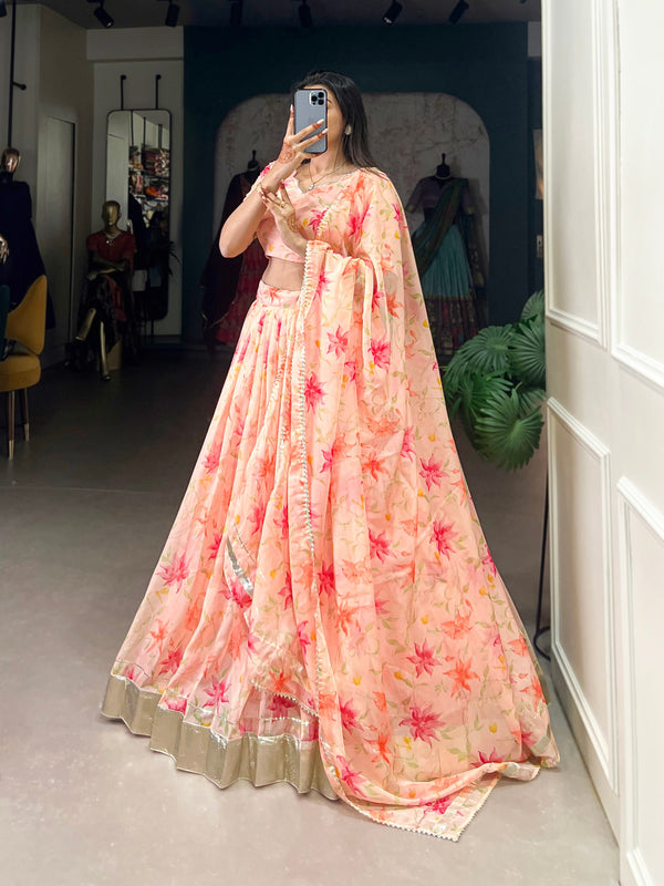 Peach Silken Blooms Tabby Silk Floral Print Lehenga with Lace Accents & Matching Dupatta