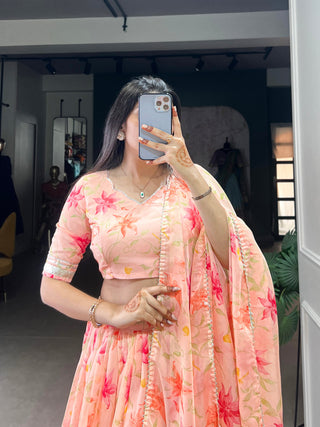 Peach Silken Blooms Tabby Silk Floral Print Lehenga with Lace Accents & Matching Dupatta