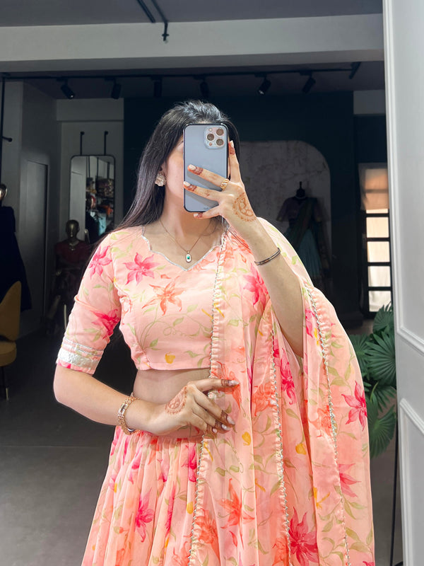 Peach Silken Blooms Tabby Silk Floral Print Lehenga with Lace Accents & Matching Dupatta