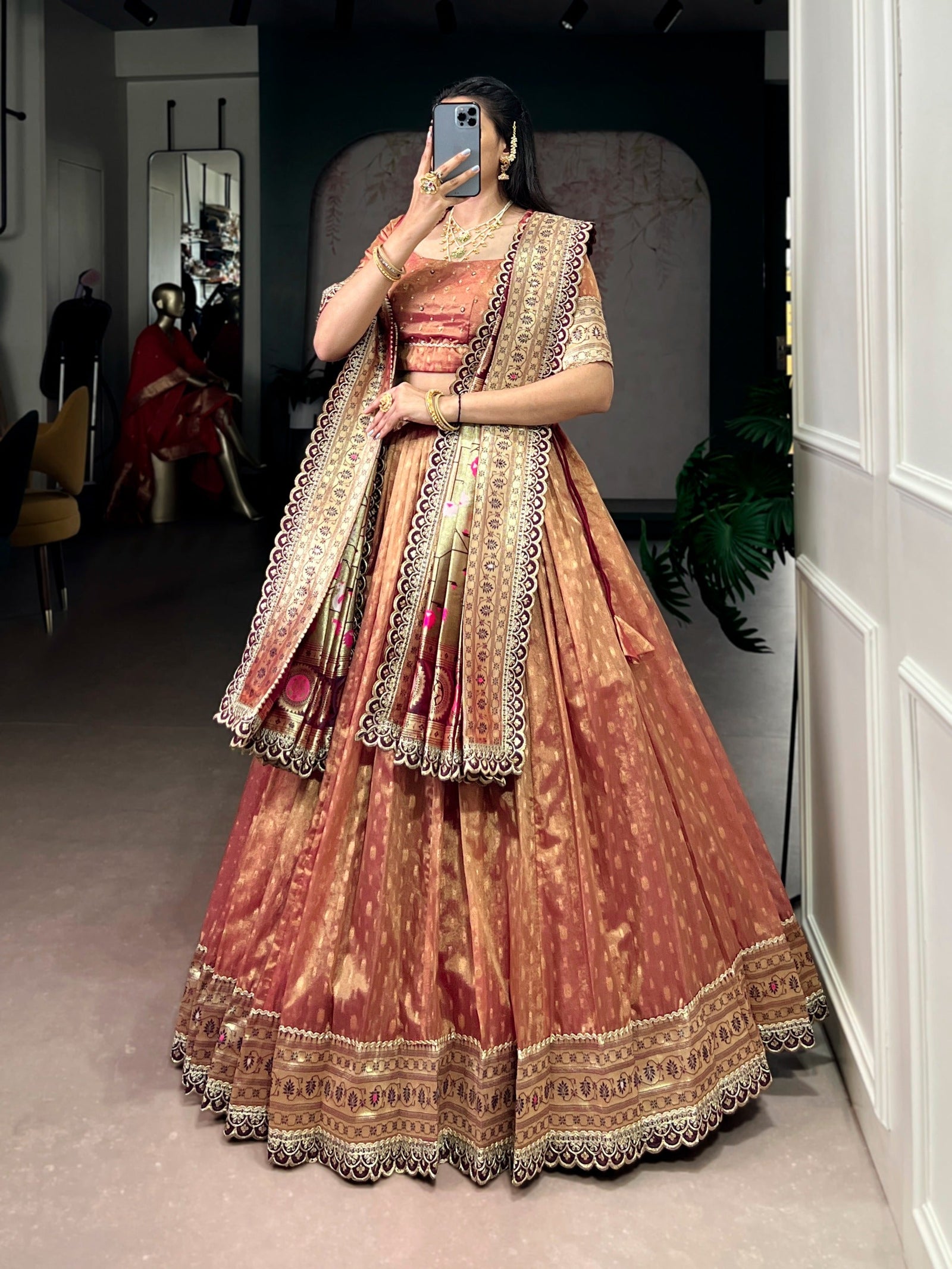 Peach Simmer Lehenga with Paithani Dupatta & Batwa ClothsVilla