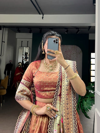 Peach Simmer Lehenga with Paithani Dupatta & Batwa ClothsVilla