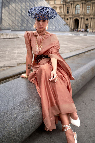 Peach Traditional Woven Satin Silk Blend Saree with Blouse Piece – Festive & Partywear ClothsVilla