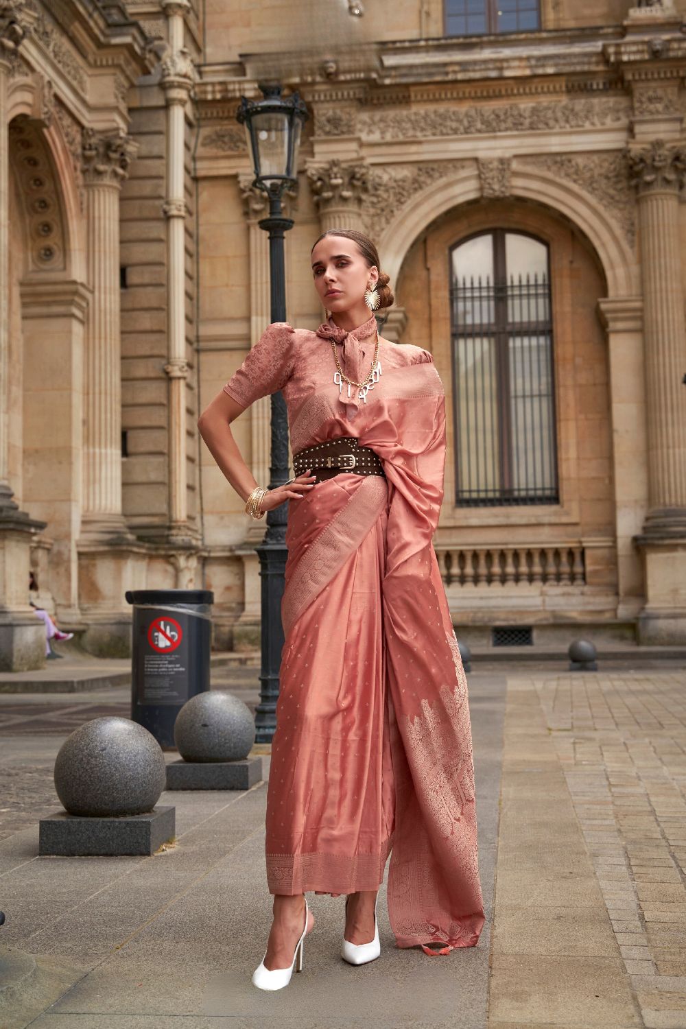 Peach Traditional Woven Satin Silk Blend Saree with Blouse Piece – Festive & Partywear ClothsVilla Main image