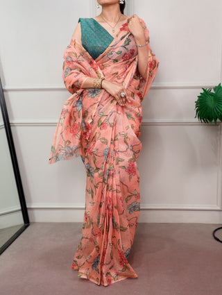 Peach Trendy Floral Ethnic Saree ClothsVilla