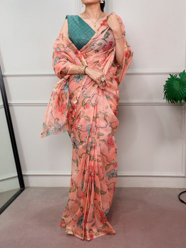 Peach Trendy Floral Ethnic Saree ClothsVilla